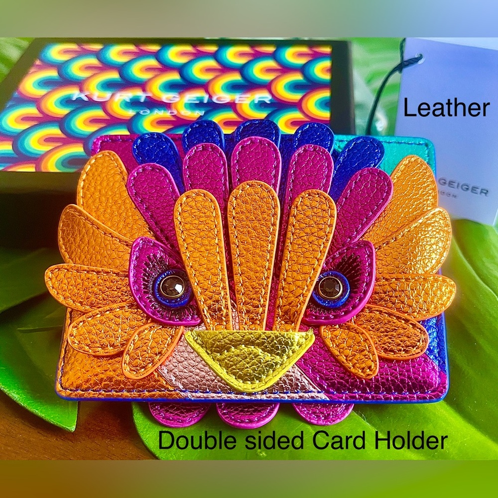 Kurt Geiger NWT PebbleGrainLeather 3DBird Card Holder DoubleSidedBrilliantColors